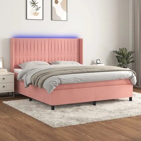 vidaXL Pat cu arcuri, saltea &amp; LED, roz, 180x200 cm, catifea