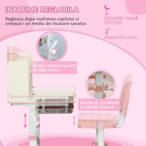 HOMCOM Set de Birou și Scaun pentru Copii de la 3 Ani Reglabil, Masă Inclinabilă 60° cu Sertar și Rafturi, Roz | Aosom Romania