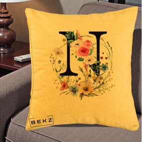 Cadou Personalizat - Perna Personalizata Monogram Litera N cu Flori Acuarela, 40x40 cm, Galben, Husa Detasabila, Perna Inclusa, BEKZ®