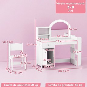 AIYAPLAY Set Măsuță de Toaletă pentru Copii, cu Oglindă și Scaun | Aosom Romania