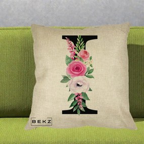 Cadou Personalizat - Perna Personalizata Monograma Florala Litera I, 40x40 cm, Crem, Husa Detasabila, Perna Inclusa, BEKZ®