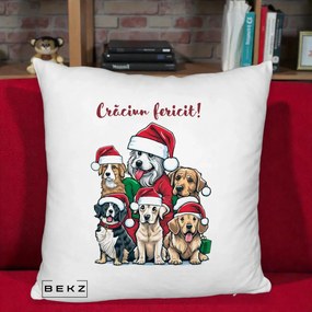 Perna Decorativa Caini cu Bonete Craciun Fericit, 40x40 cm, Alb Pufos, Husa Detasabila, Perna Inclusa, BEKZ®