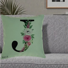 Cadou Personalizat - Perna Personalizata Monograma Florala Litera J, 40x40 cm, Verde, Husa Detasabila, Perna Inclusa, BEKZ®