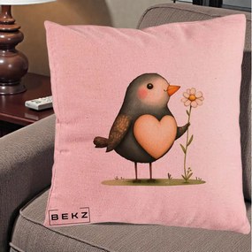 Perna Decorativa Pasare cu Inima si Margareta, 40x40 cm, Roz, Husa Detasabila, Perna Inclusa, BEKZ®