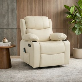 Fotoliu Masaj, Incalzire, rabatabil, sezut cu arcuri metalice, suport picioare extensibil, piele PU, Bej