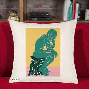 Perna Decorativa Ganditorul Sculptura Pop Art, 40x40 cm, Crem Reliefat, Husa Detasabila, Perna Inclusa, BEKZ®