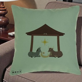Perna Decorativa Ieslea din Betleem cu Iesle Asin si Bou, 40x40 cm, Verde, Husa Detasabila, Perna Inclusa, BEKZ®