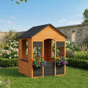 AIYAPLAY Căsuță pentru copii în aer liber din lemn, casă exterioară pentru copii, ușă pe jumătate, ferestre, jardiniere, 3-8 ani, maro deschis | Aosom Romania