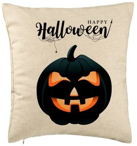 Perna Decorativa cu motiv Dovleac de Halloween si Text, 40x40 cm, Bej, Husa Detasabila, Burduf