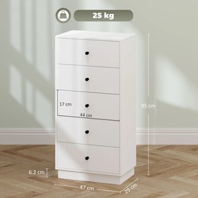 HOMCOM Comoda 5 sertare, mobilier de depozitare inalt si ingust, stil modern pentru camera de zi, living - 47x29x95cm, alb | Aosom Romania