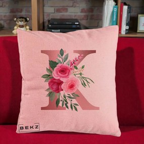 Cadou Personalizat - Perna Personalizata Monograma Rose Gold Litera K, 40x40 cm, Roz, Husa Detasabila, Perna Inclusa, BEKZ®