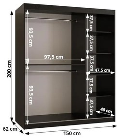 Dulap de haine Riven 2 150 (mat negru) (cu oglindă). 1064176