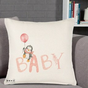 Perna Personalizata Baby Pinguin Roz, 40x40 cm, Crem Reliefat, Husa Detasabila, Perna Inclusa, BEKZ®