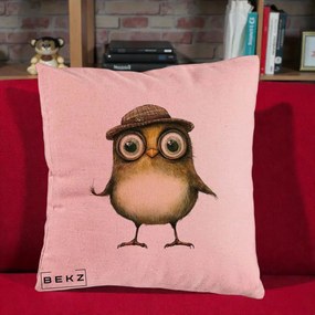 Perna Decorativa Pui Intelectual cu Palarie Tweed, 40x40 cm, Roz, Husa Detasabila, Perna Inclusa, BEKZ®