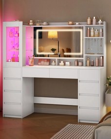 Masuta de machiaj 140 cm, cu Oglinda LED si 10 Sertare pentru Cosmetice, Set Masa toaleta Alba, masuta cosmetica, vanity cu dulapior si rafturi -