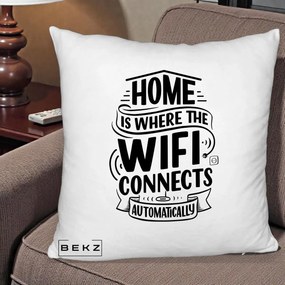 Perna Decorativa Home Is Where WiFi Connects, 40x40 cm, Alb Pufos, Husa Detasabila, Perna Inclusa, BEKZ®
