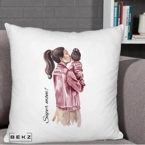 Cadou pentru Mama - Perna Personalizata Super Mom Jachete Roz, 40x40 cm, Alb Pufos, Husa Detasabila, Perna Inclusa, BEKZ®