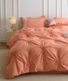 Lenjerie pat dublu, Inimi Brodate, 6 Piese, Finet Premium - Peach