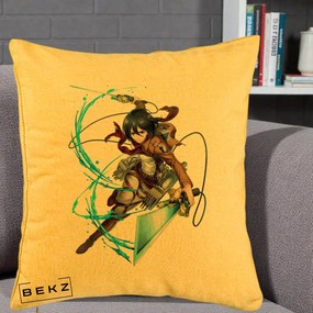 Perna Personalizata Attack on Titan Mikasa Ackerman Lupta, 40x40 cm, Galben, Husa Detasabila, Perna Inclusa, BEKZ®