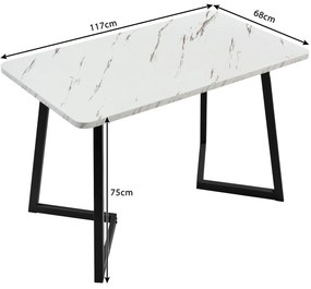 Masă de prânz 117x68 cm, cu efect de marmură și picioare din metal, Versatilă pentru sufragerie și living, Alb+Negru