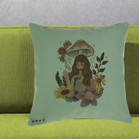 Perna Decorativa Fata Ciuperca Boho Florala, 40x40 cm, Verde, Husa Detasabila, Perna Inclusa, BEKZ®