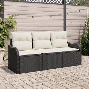 vidaXL Set canapea de grădină 3 piese cu perne, Negru, Ratan poli
