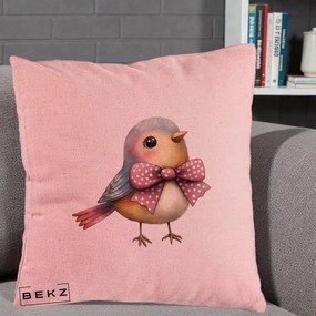 Perna Decorativa Pasare Bleu cu Fundita Roz, 40x40 cm, Roz, Husa Detasabila, Perna Inclusa, BEKZ®