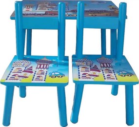 Masuta copii din MDF cu doua scaune Novokids™ My first table, Dimensiuni 59X39X40, Suprafata lucioasa, Model masinute, Albastru