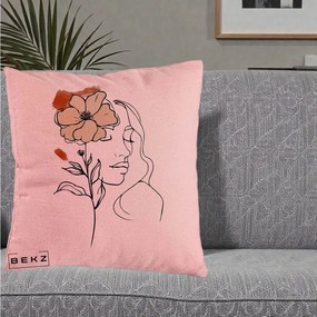 Perna Decorativa Portret Feminin Floare Bej Terracotta, 40x40 cm, Roz, Husa Detasabila, Perna Inclusa, BEKZ®