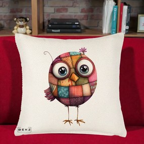 Perna Decorativa Pasare Patchwork Roz cu Floare, 40x40 cm, Crem Reliefat, Husa Detasabila, Perna Inclusa, BEKZ®