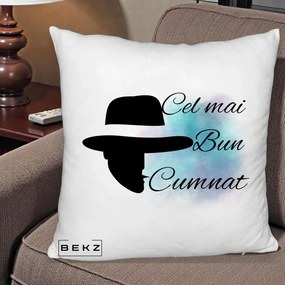 Cadou pentru Cumnat - Perna Personalizata Cel mai Bun Cumnat cu Silueta Palarie si Pete Teal-Roz, 40x40 cm, Alb Pufos, Husa Detasabila, Perna Inclusa, BEKZ®
