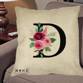 Cadou Personalizat - Perna Personalizata Monograma Florala Litera D, 40x40 cm, Crem, Husa Detasabila, Perna Inclusa, BEKZ®