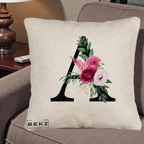Cadou Personalizat - Perna Personalizata Monograma Florala Litera A, 40x40 cm, Bej Canapea, Husa Detasabila, Perna Inclusa, BEKZ®