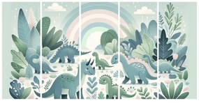Tablou 5-piese lumea dinozaurilor cu curcubeu și junglă verde
