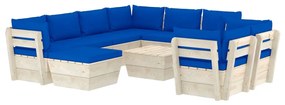 Set mobilier gradina din paleti cu perne, 10 piese, lemn molid Albastru, 5x colt + 3x mijloc + masa + suport pentru picioare, 1