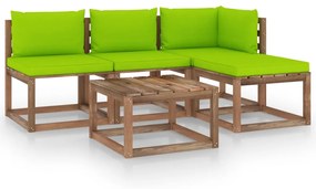 Set mobilier gradina paleti cu perne, 5 piese, lemn pin tratat verde aprins, Colt + 2x mijloc + 2x suport pentru picioare, 1