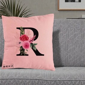Cadou Personalizat - Perna Personalizata Monograma Florala Litera R, 40x40 cm, Roz, Husa Detasabila, Perna Inclusa, BEKZ®