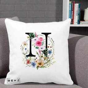 Cadou Personalizat - Perna Personalizata Monogram Litera N cu Flori Acuarela, 40x40 cm, Alba Mata, Husa Detasabila, Perna Inclusa, BEKZ®