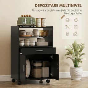 HOMCOM Dulap pentru Cuptorul cu Microunde cu Roți, Bufet de Bucătărie cu Sertar, Blat pentru Aparate, Dulap cu 2 Uși, Raft Retractabil și Raft Deschis, Cărucior de Bucătărie pentru Sufragerie, 59x40x92cm, Negru | Aosom Romania