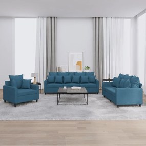 vidaXL Set de canapele cu perne, 3 piese, albastru, catifea
