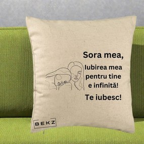 Cadou pentru Sora - Perna Personalizata Sora Mea Te Iubesc Line Art Portrete Fata in Fata, 40x40 cm, Bej, Husa Detasabila, Perna Inclusa, BEKZ®