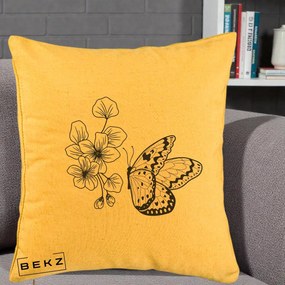 Perna Decorativa Fluture si Flori Linie Monocroma, 40x40 cm, Galben, Husa Detasabila, Perna Inclusa, BEKZ®