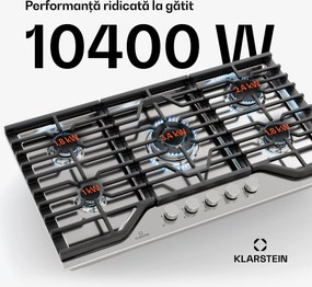 Klarstein Turbocast plită pe gaz, Oțel inoxidabil 304, 5 arzătoare, Suport profesional din fontă, Arzător wok