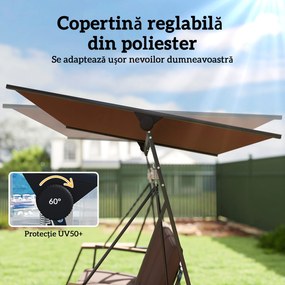 Outsunny Balansoar de Grădină cu 3 Locuri și Acoperiș Reglabil, Balansoar de Exterior din Metal cu Tăvi pentru Băuturi, Perne Imbătute, Capacitate 360kg, pentru Terasă sau Balcon, 222x131x175 cm, Maro | Aosom Romania