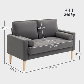 HOMCOM Canapea 2 locuri elegantă din catifea 127 cm cu perne groase, 2 perne și șezut captușit, gri | Aosom Romania