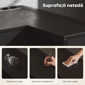 HOMCOM Birou de Colț Reversibil cu Prize și Porturi USB, 126x48 cm Birou în Formă de L cu 6 Sertare din Material Textil, Cârlig Lateral, pentru Computer, Birou, Cameră, Negru | Aosom Romania