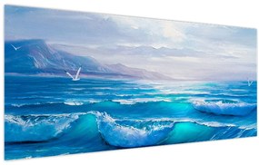 Tablou - Pictură în ulei de mare cu pescăruși (120x50 cm)