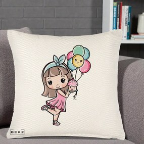 Perna Decorativa Fetita Kawaii cu Baloane si Cupcake, 40x40 cm, Crem Reliefat, Husa Detasabila, Perna Inclusa, BEKZ®