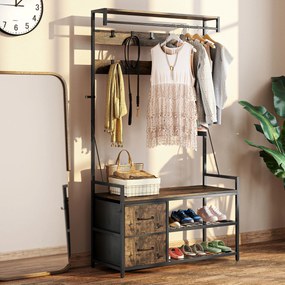 HOMCOM Suport pentru haine 6-în-1 cu raft pentru pantofi, stil industrial, 10 cârlige, 2 sertare textile, metal, maro | Aosom Romania