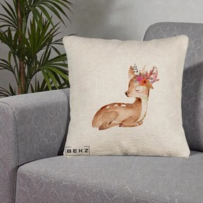 Perna Decorativa Caprioara cu Flori in Coama, 40x40 cm, Bej Canapea, Husa Detasabila, Perna Inclusa, BEKZ®